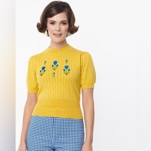 Smack parlour Yellow Short Sleeve Sweater with Blue Floral Embroidery